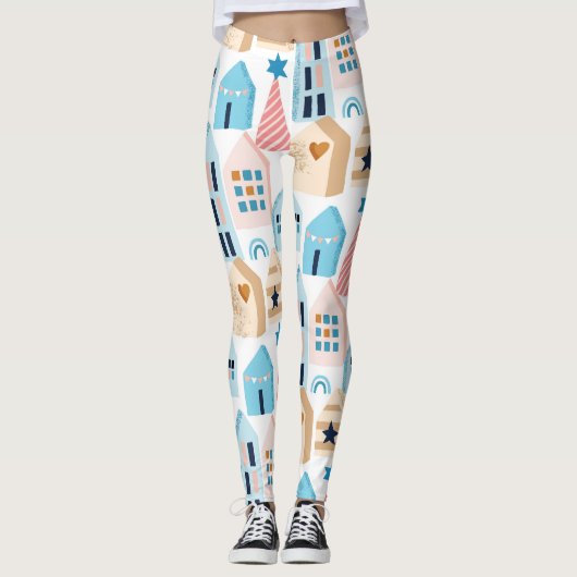 Leggings Maisons scandinaves, motif d'humeur hivernale. (Devant)