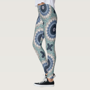 Leggings Mandala Bleu et Turquoise avec Symétrie Géométriqu