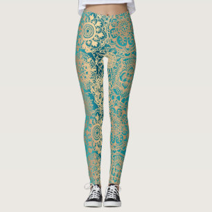 Leggings Mandala Motif de yoga Turquoise vert et or