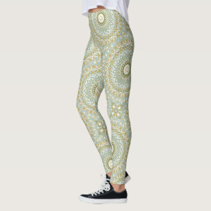 Leggings Mandala Terrien en Vert, Or et Bleu Clair
