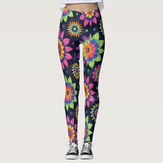 Leggings Mandalas Floraux Néon en Motif Sans Couture (Devant)