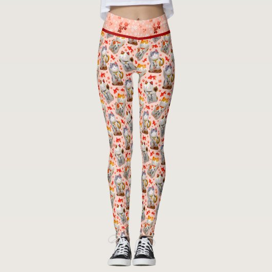 Leggings Maneki Neko Chat et Sushi japonais rose (Devant)