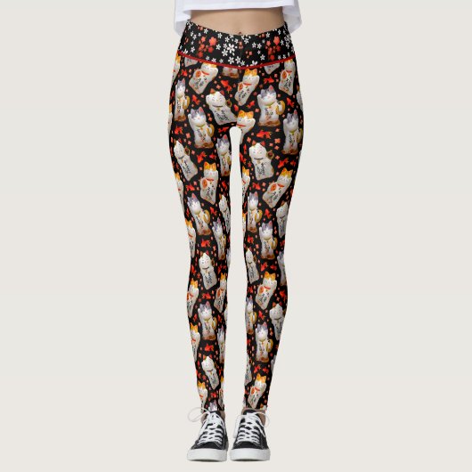 Leggings Maneki Neko Chat Japonais Noir (Devant)