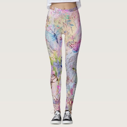 Leggings Manuscrit rose floral de papillon d'oiseaux de (Devant)