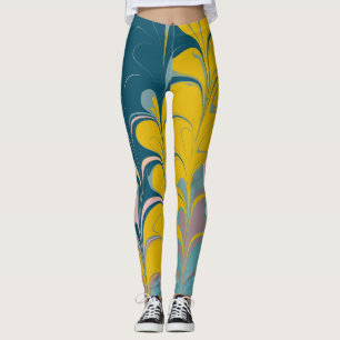 Leggings Marbre Abstrait moderne Ebru Motif Turquoise et ro