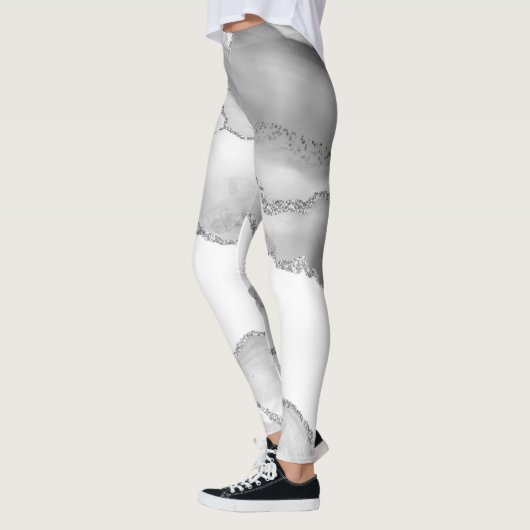 Leggings Marbre Blanc Gris Agate Simple Paillettes Argentée (Gauche)