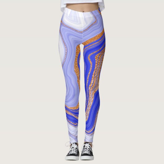 Leggings Marbre Bleu Or, Abstrait Moderne. (Devant)