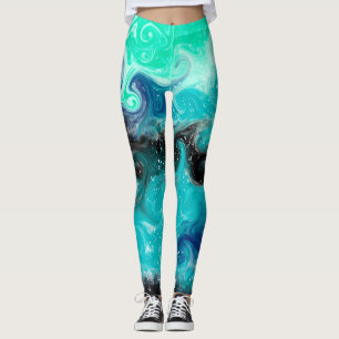 Leggings Marbre bleu, Turquoise et noir d'art fluo