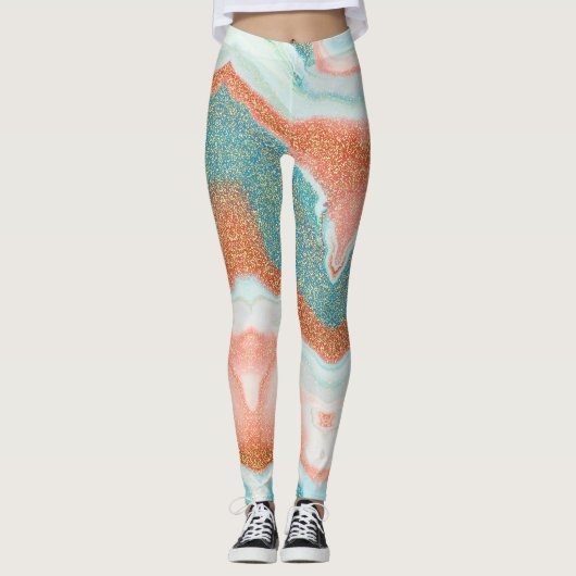 Leggings Marbre brillant | Bleu vert Turquoise, grès (Devant)