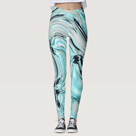 Leggings marbre chic tourbillons menthe aqua bleu ondulatio (Devant)