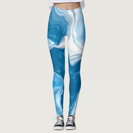 Leggings Marbre d'art numérique fluide bleu et blanc (Devant)