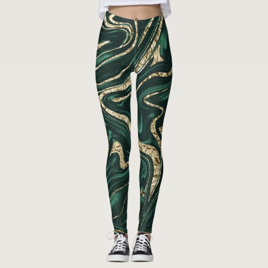 Leggings Marbre d'or noir vert émeraude #2 (Faux Foil) (Devant)