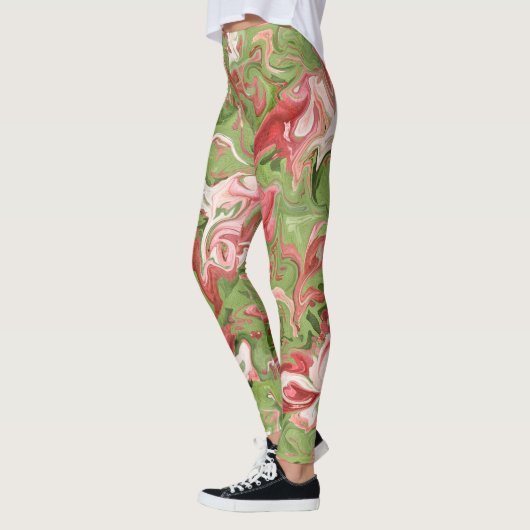 Leggings Marbre rouge et vert Abstrait Motif Noël (Gauche)