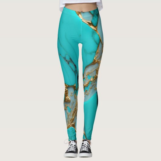 Leggings Marbre Turquoise avec Veines Dorées (Devant)
