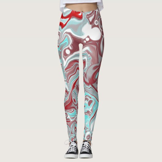 Leggings Marbre turquoise et Bourgogne Digital Fluid Art (Devant)