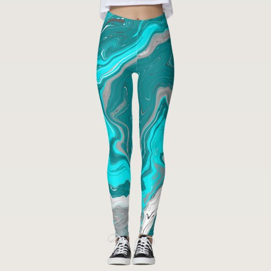 Leggings Marbre turquoise et Turquoise Fluid Art (Devant)