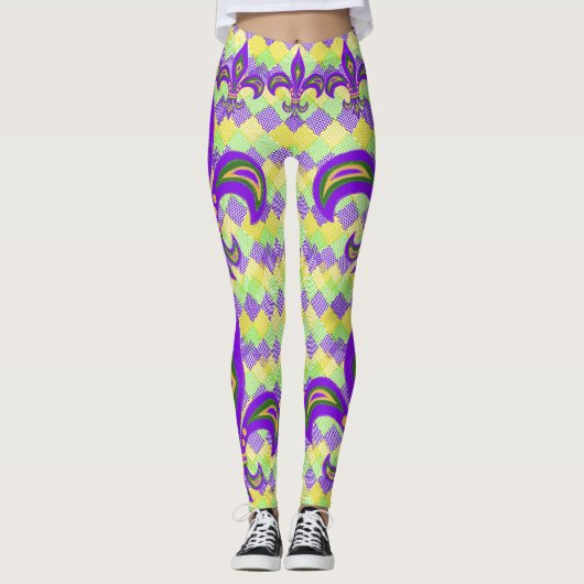 Leggings Mardi Gras Arlequin Motif et Fleur de Lis (Devant)