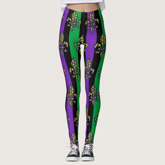 Leggings Mardi Gras Black violet vert Fleur de lis (Devant)