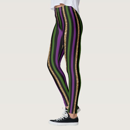 Leggings Mardi Gras Motif Rayure Verticale Violet Vert (Gauche)