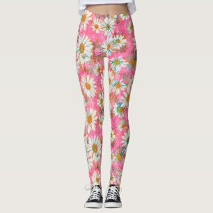 Leggings Marguerites blanches sur le motif floral rose