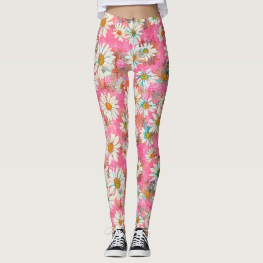 Leggings Marguerites blanches sur le motif floral rose (Devant)