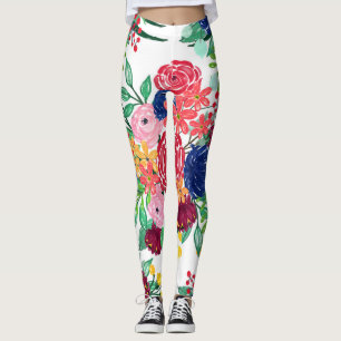 Leggings Marine bleu et rouge aquarelle boho chic Fleurs