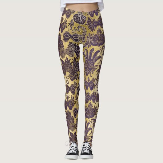 Leggings Masques Mardi Gras Gold et Purple ajustés (Devant)