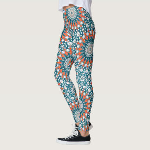Leggings Médaillon de kaléidoscope bleu et orange Mandala