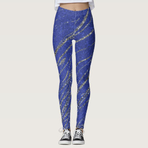 Leggings Menu de fête rayé marbre bleu et argent moderne gl