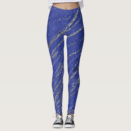 Leggings Menu de fête rayé marbre bleu et argent moderne gl (Devant)