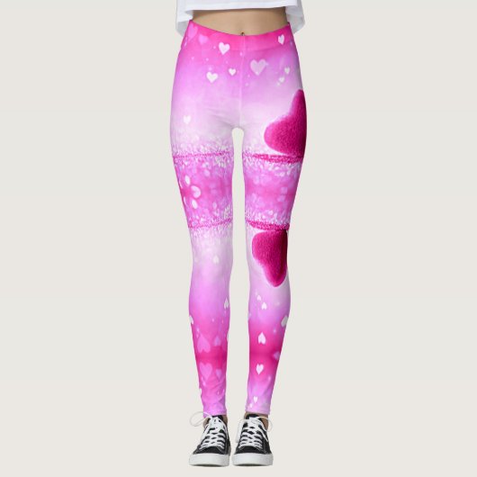 Leggings met roze harten in spandex/polyester. (Voorkant)