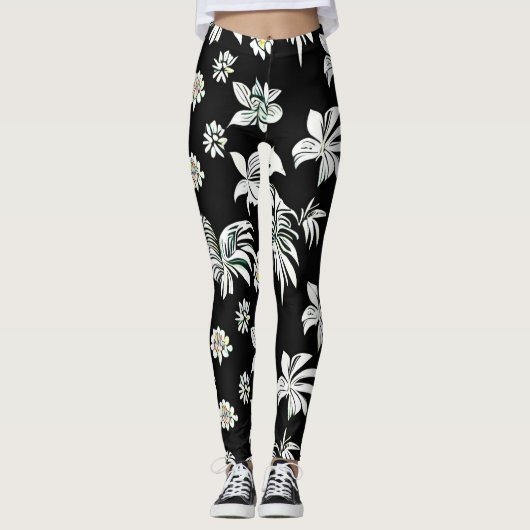 Leggings met zwart-wit stijl bloemen (Voorkant)