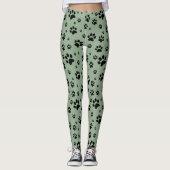 Leggings Mignons Fun Black sur Sage Green Empreintes de pat (Devant)