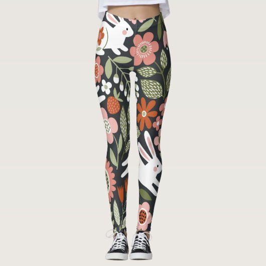 Leggings Mignons lapins blancs, motif vintage fleuri. (Devant)