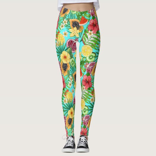 Leggings Mix-fruit tropical, fleurs et feuilles en bleu (Devant)