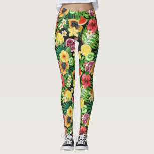 Leggings Mix-fruits tropicaux, fleurs et feuilles en noir