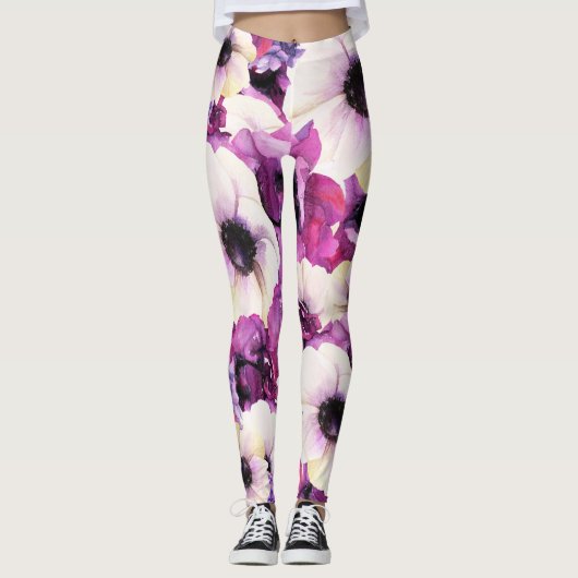 Leggings Mode Florale Aquarelle Violet Gras (Devant)