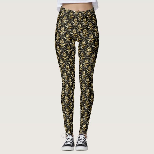 Leggings Modèle de Damas d'or sur Arrière - plan noir (Devant)