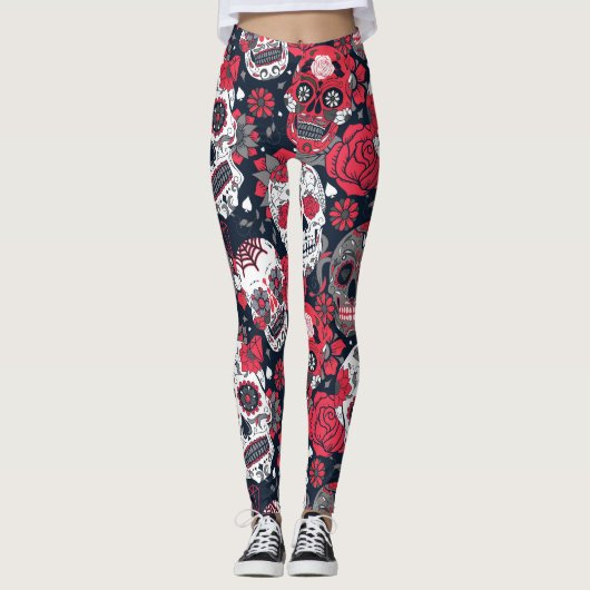 Leggings Modèle floral crâne rouge (Devant)