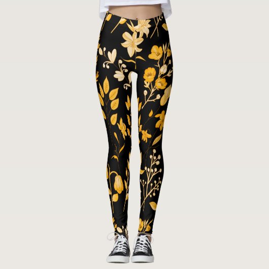 Leggings Modèle Floral d'or pour l'automne. BG noir (Devant)