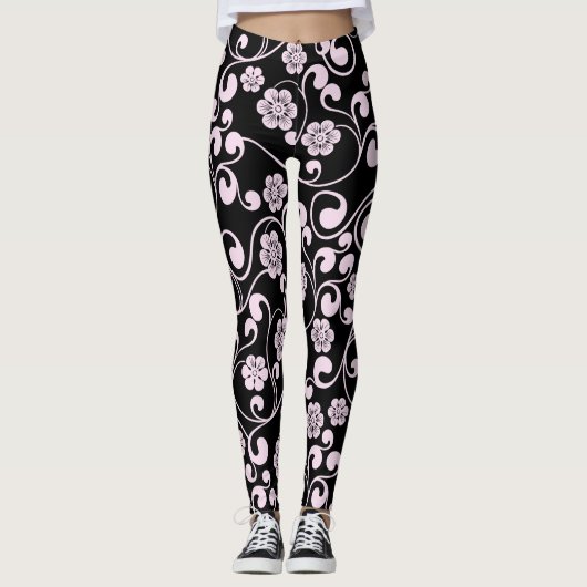 Leggings Modèle floral noir et rose pour les femmes (Devant)