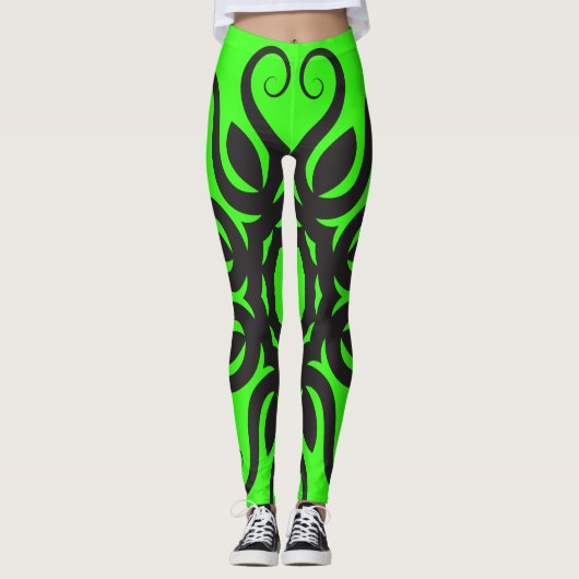 Leggings Modèle floral noir sur l'entraînement féminin vert (Devant)