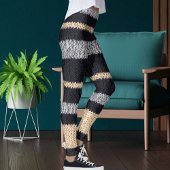 Leggings Modern Black Grey Beige Knit Stripe Pattern Yoga