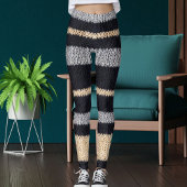 Leggings Modern Black Grey Beige Knit Stripe Pattern Yoga