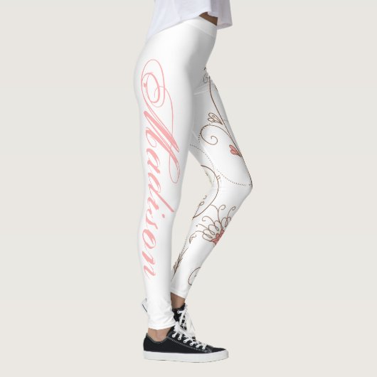 Leggings Modern Scroll Hearts Tan Pink Ajouter Nom Valentin (Droite)