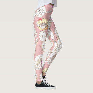 Leggings Moderne Blanc Or Blush Rose Catus Motif Floral