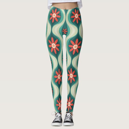 Leggings Moderne du milieu du siècle : Fleurs orange Abstra (Devant)
