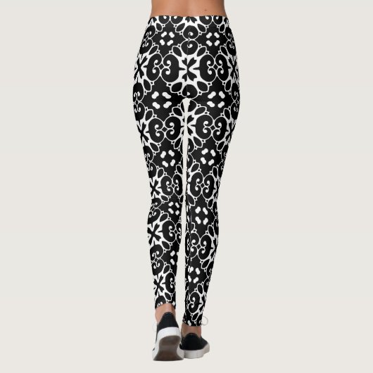 Leggings Moderne noir et blanc damas Graphisme floral (Dos)