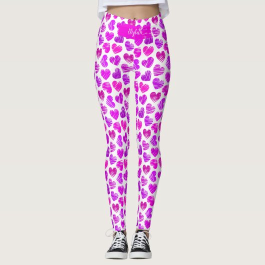 Leggings Moderne Purple Rose Doodled Hearts Valentine Nom (Devant)