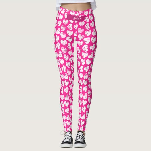 Leggings Moderne rose et blanc Doodled Heart Valentine Nom (Devant)